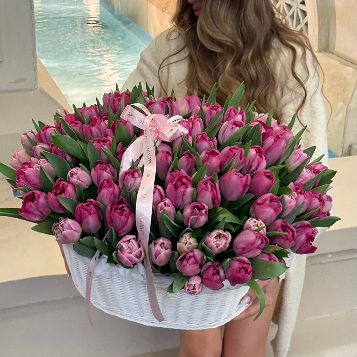 100 Pink Tulip Flower Bouquet In A Basket | Hand-Delivery Miami