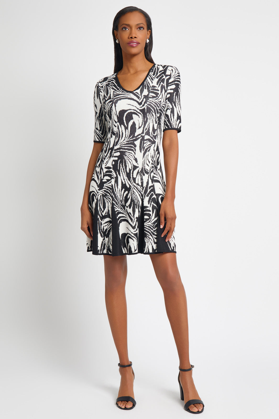 Fit-N-Flare Princess Seam Jacquard Soft Knit Dress | Ming Wang