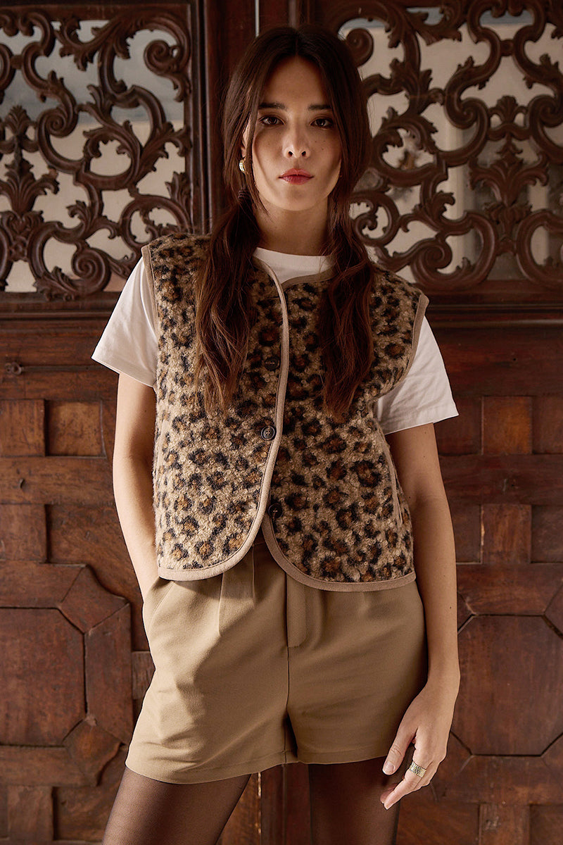 Leopard Faux Curly Lamb Vest by Molly Bracken | Stylish Sleeveless