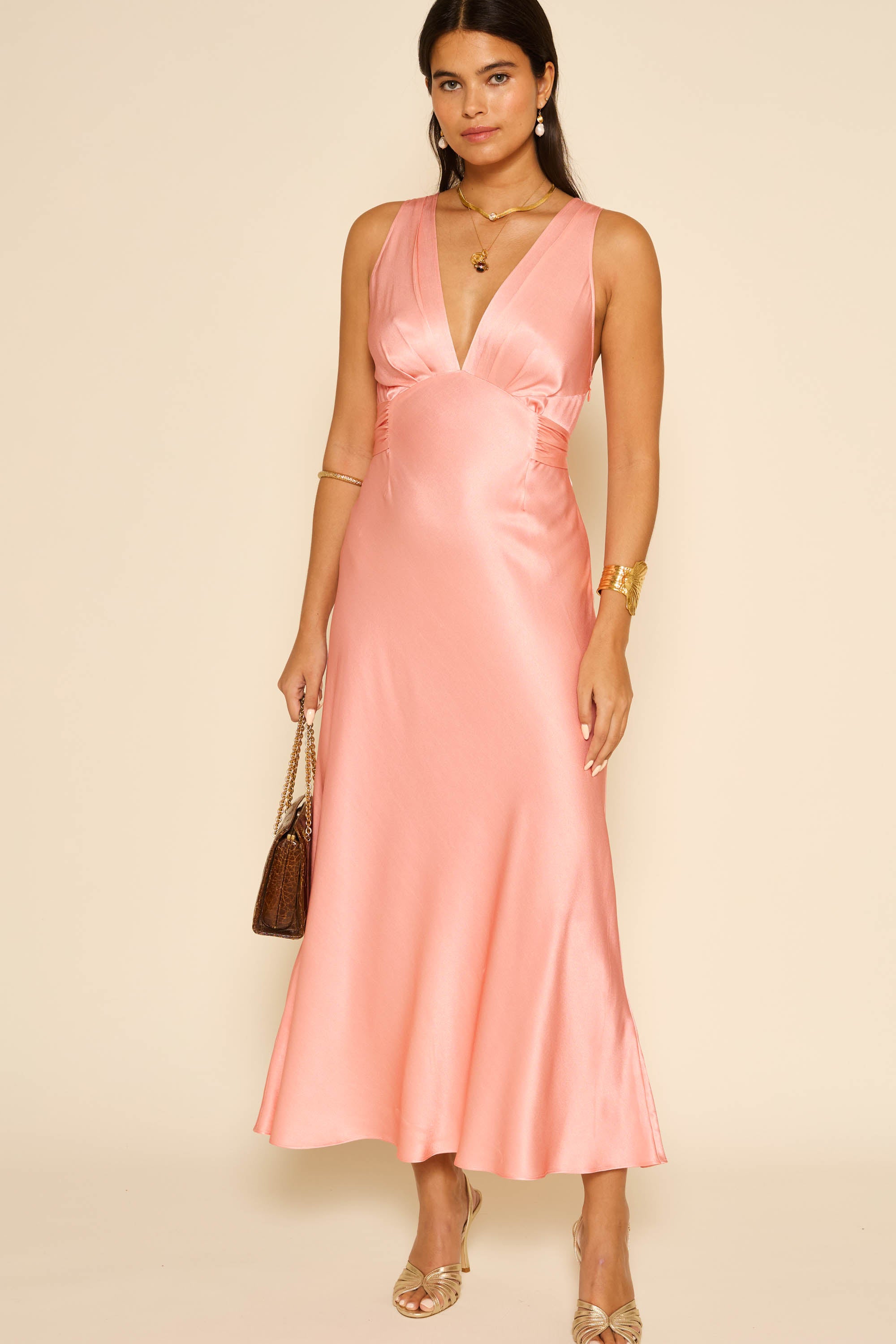 Lauriane Satin Midi Dress in Pink Coral | RIXO USA ⋆