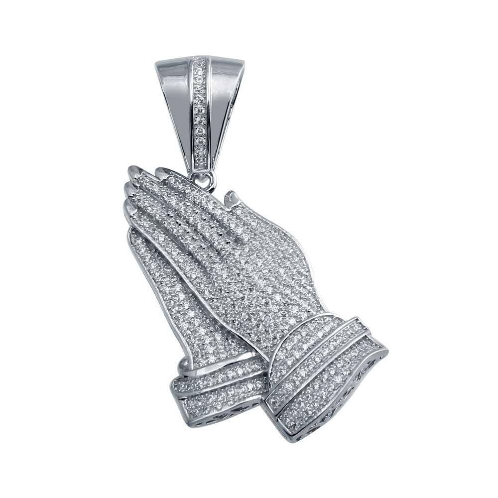 Rhodium Plated 925 Sterling Silver CZ Praying Hands Hip Hop