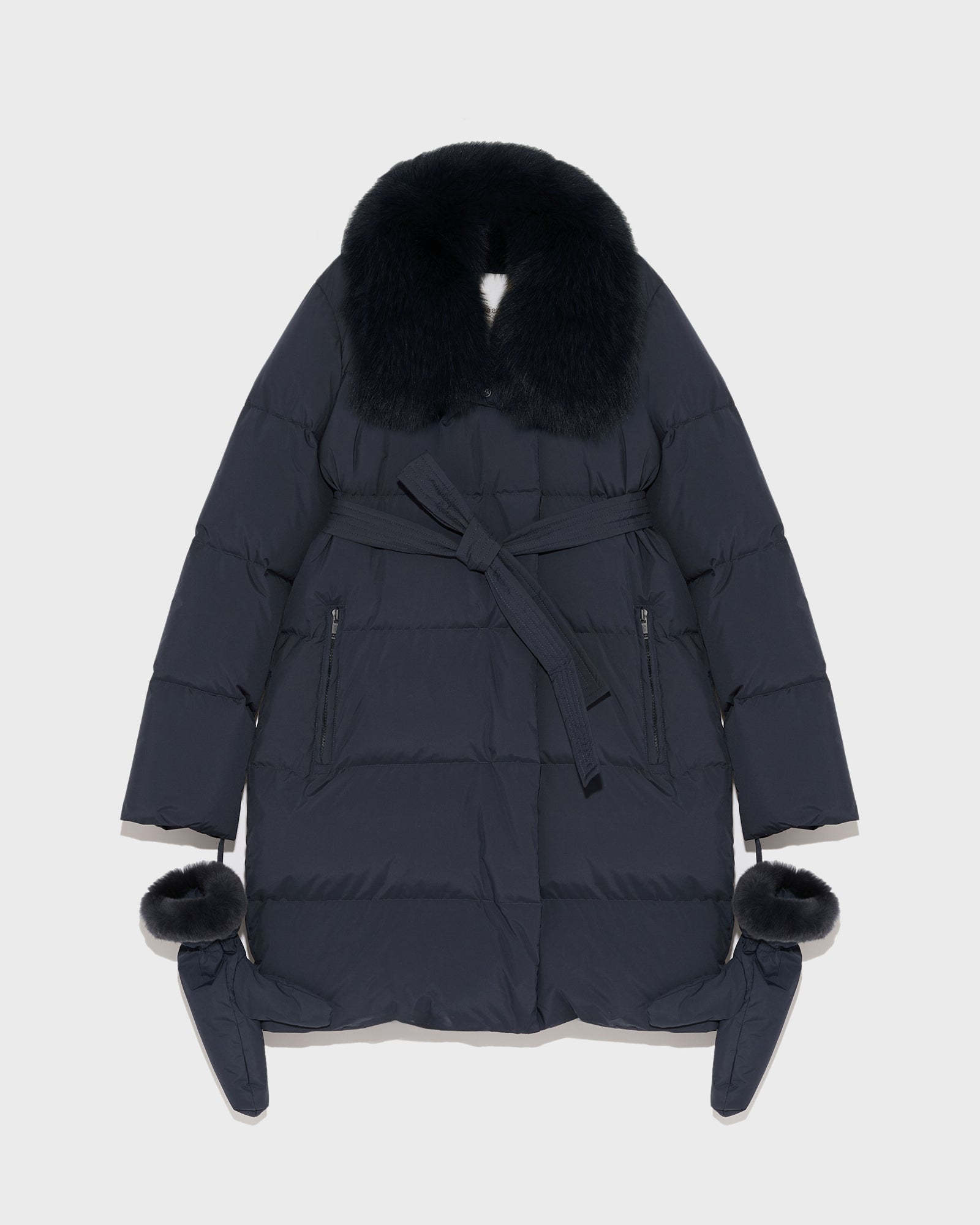 Belted down jacket in waterproof technical fabric with fox and