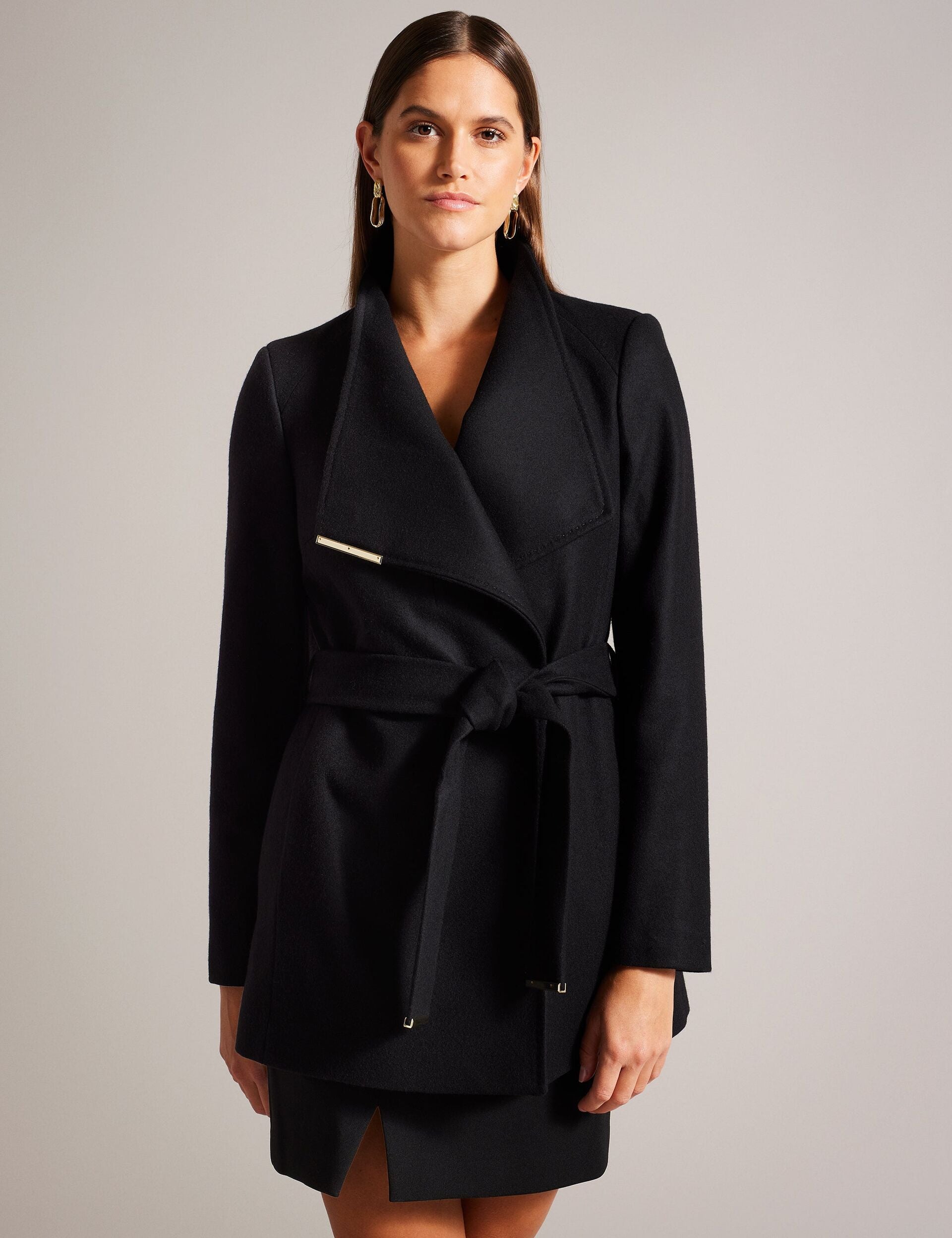 Black Short Belted Wool Wrap Coat | Rosesso | Ted Baker US