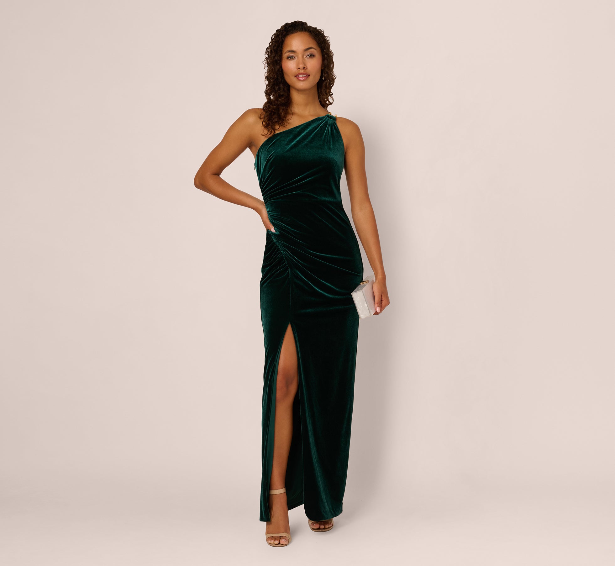 One Shoulder Draped Velvet Gown With Chain Accent In Emerald