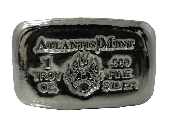 1 troy oz .999 fine silver bullion Skull and Flame hand poured