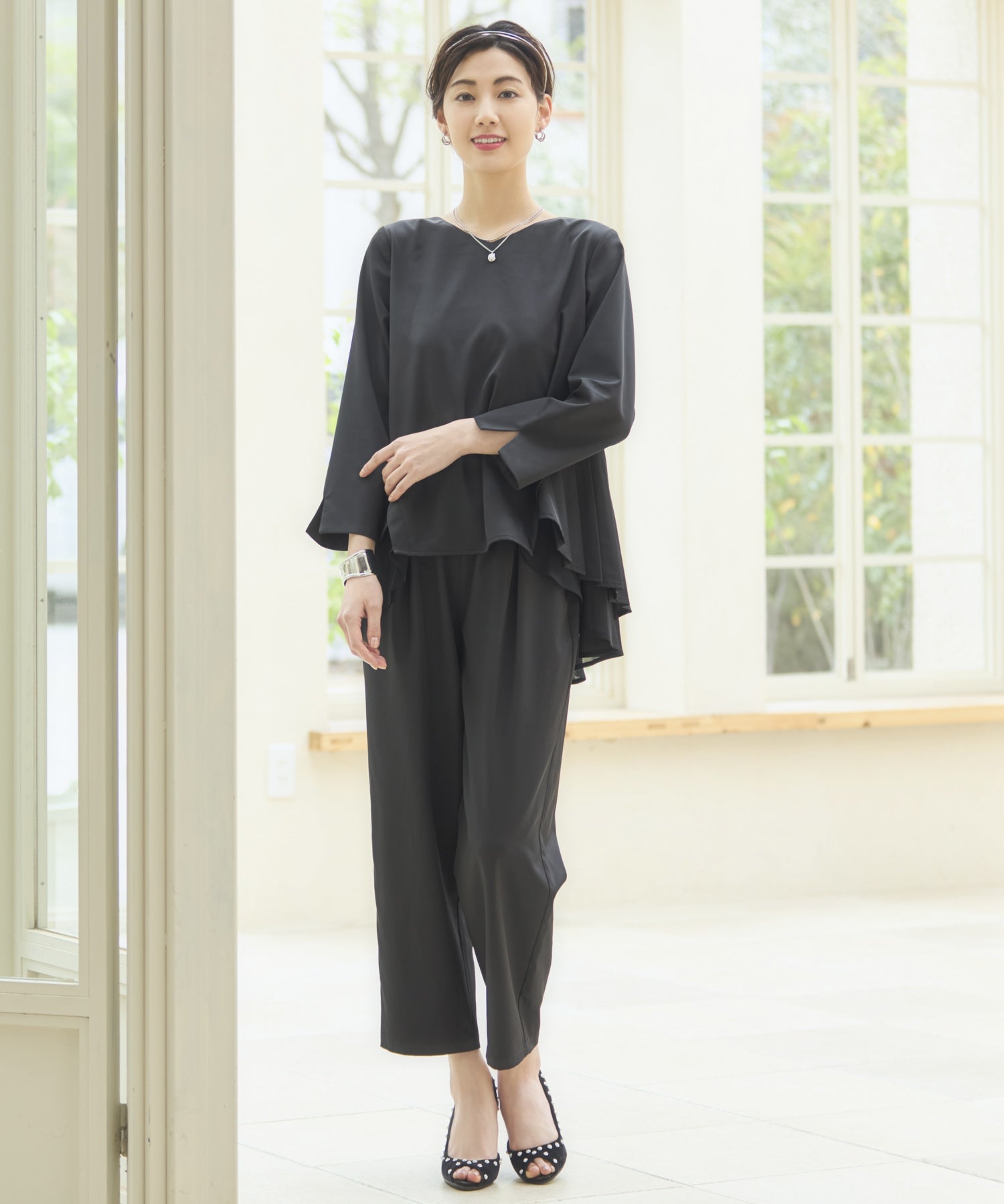 結婚式 パンツドレス セットアップ パーティー プリーツ ブラック