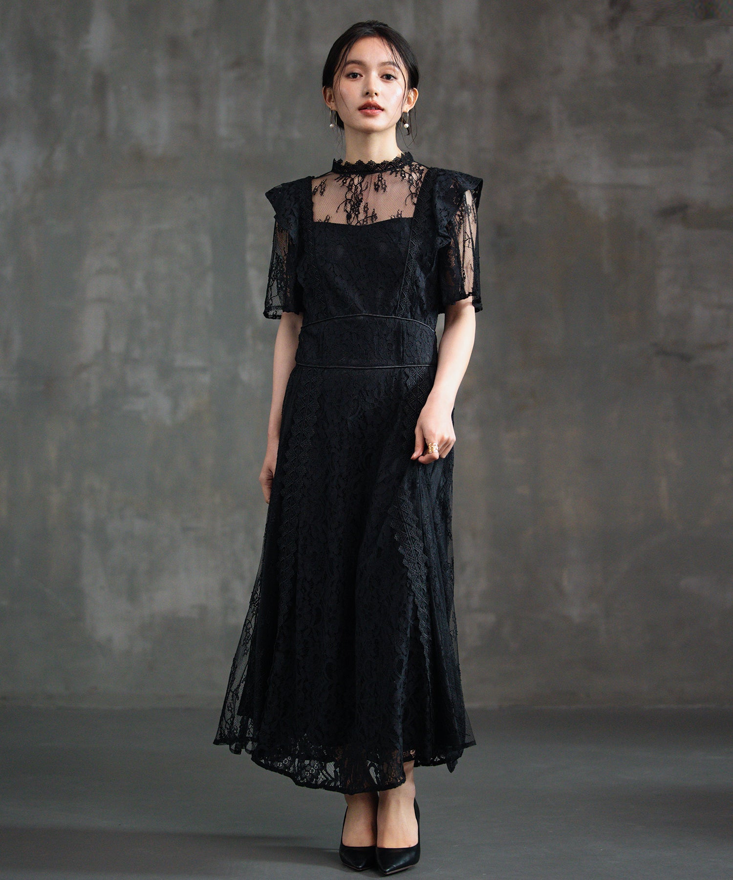 レースワンピース ロングフレアワンピース 総レースdsm0139 ブラック