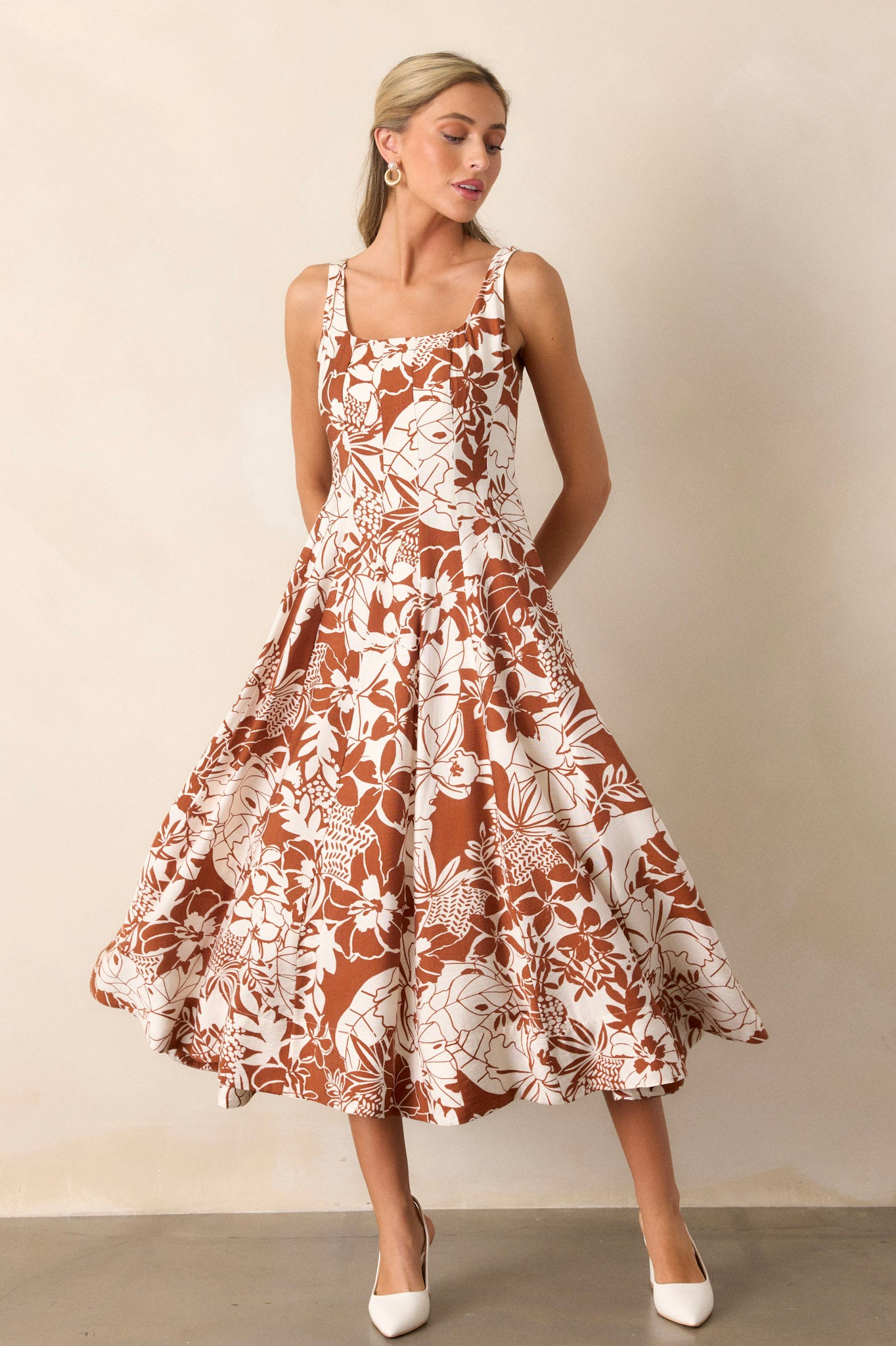 Caramel Floral Midi Dress - All Dresses | Red Dress