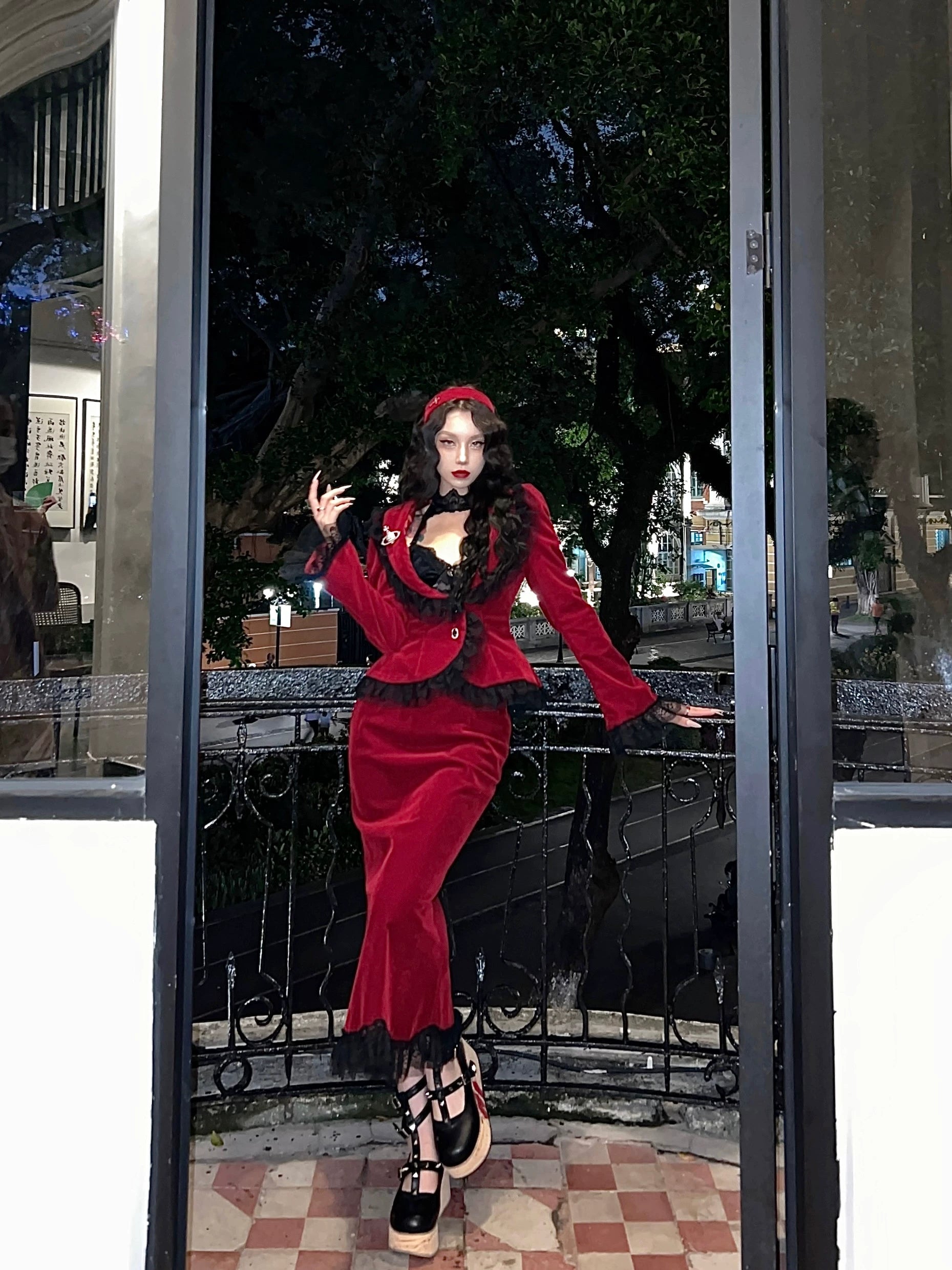 Christmas Lolita Dress Bungundy Fishtail Skirt Set