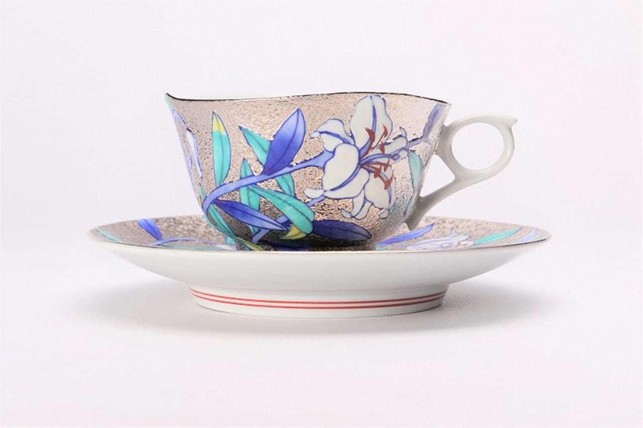 カフェ用品 「コーヒー碗 プラチナ 百合 木箱付」 金龍窯 江口天童