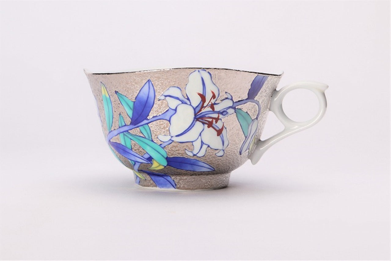 カフェ用品 「コーヒー碗 プラチナ 百合 木箱付」 金龍窯 江口天童