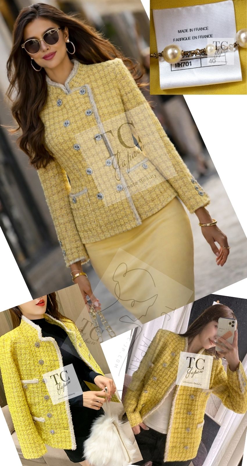 シャネル ジャケット CHANEL イエロー スタンド襟 ブレイド チェーン