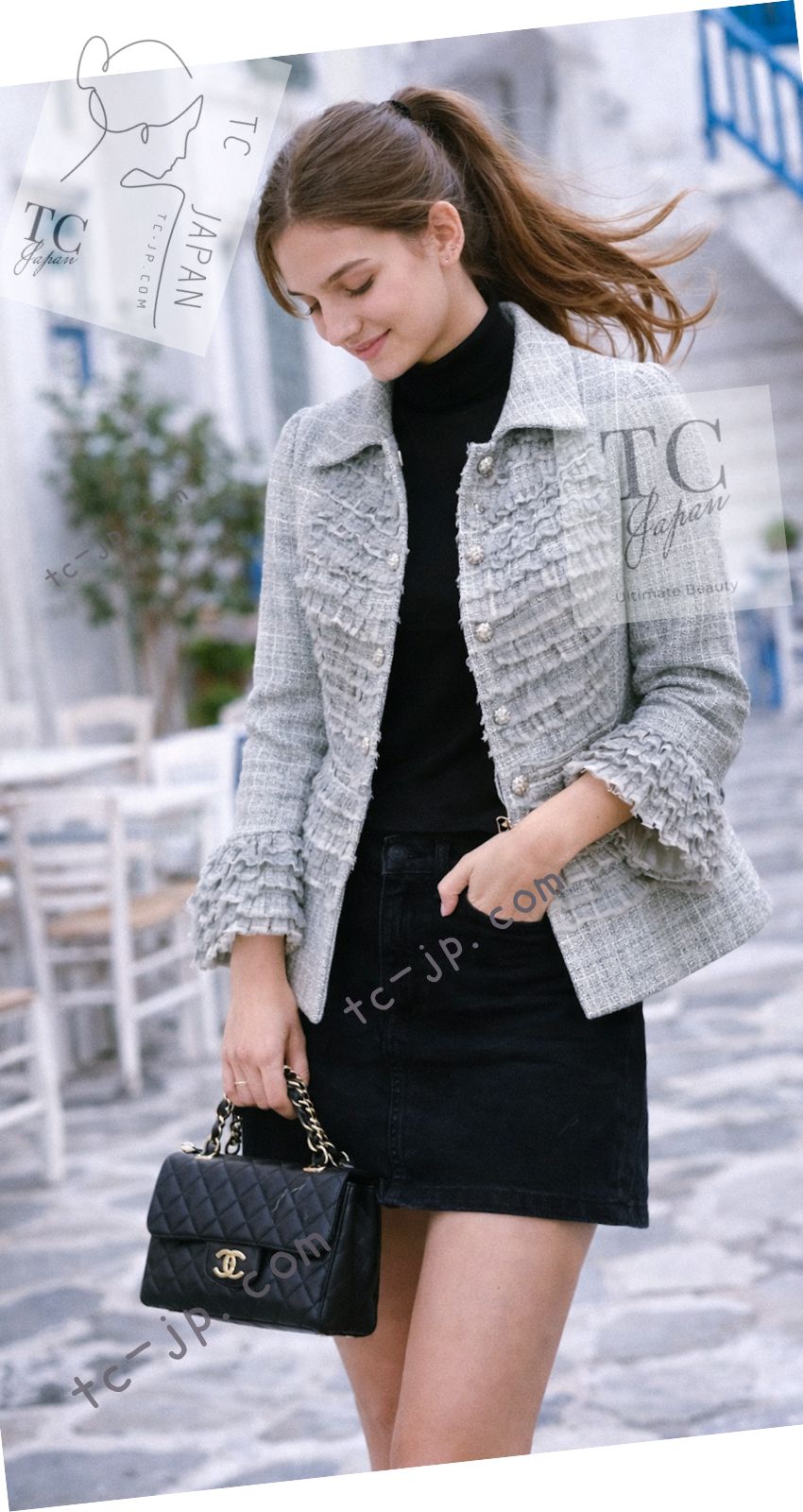 シャネル ジャケット CHANEL ブルー グレー ラッフル ツイード 13C