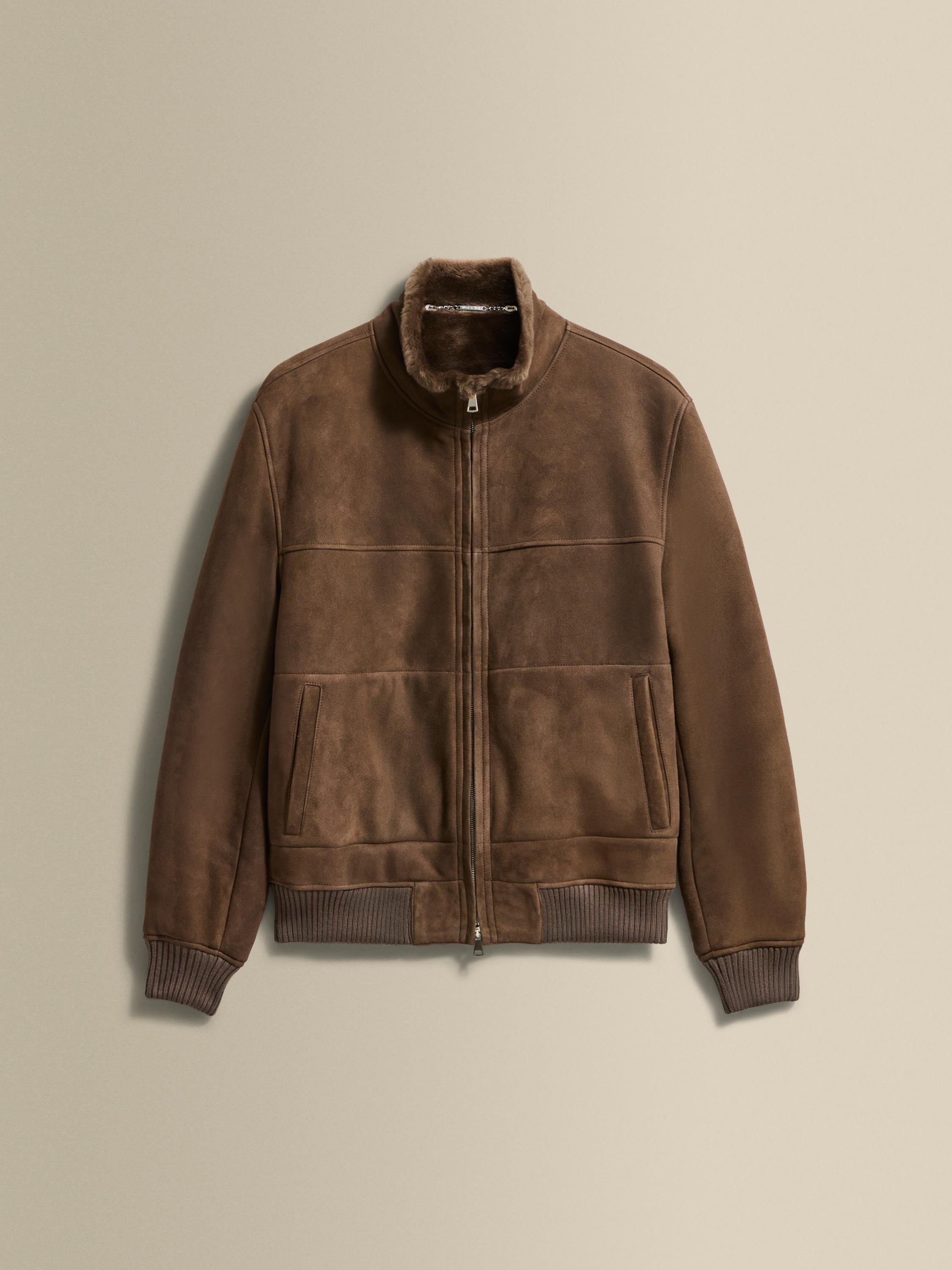 Men's Caffe Brown Suede Shearling Mock Collar Bomber Jacket – Thom