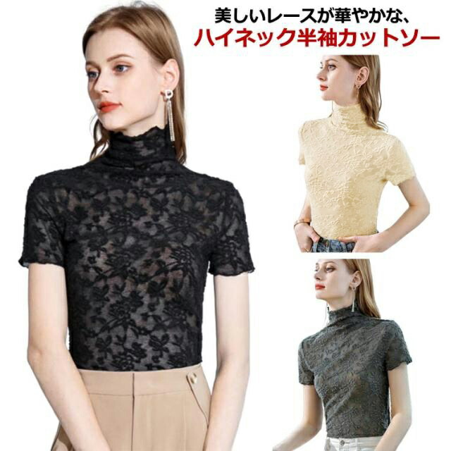 楽天市場】レディース 半袖 黒 ハイネック 総レース カットソー