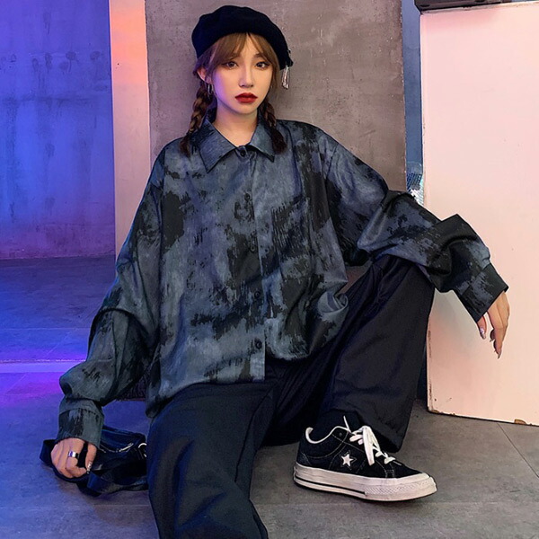 楽天市場】柄シャツ 長袖 モアレ プリント 総柄 ダークブルー ブラック