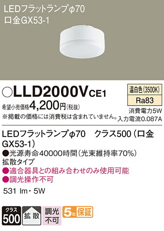 楽天市場】LLD2000VCE1 LEDフラットランプ φ70 ( 口金GX53-1 ) 【温