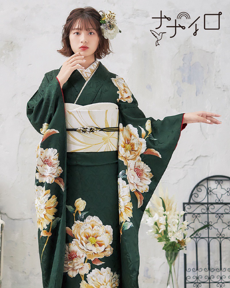 深緑色の豪華な牡丹に松竹梅の古典振袖フルセット(ガード加工・着物