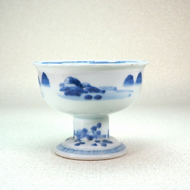青いストライプ模様の陶器盃 古染付捻盃 明時代末期 景徳鎮 骨董品 古