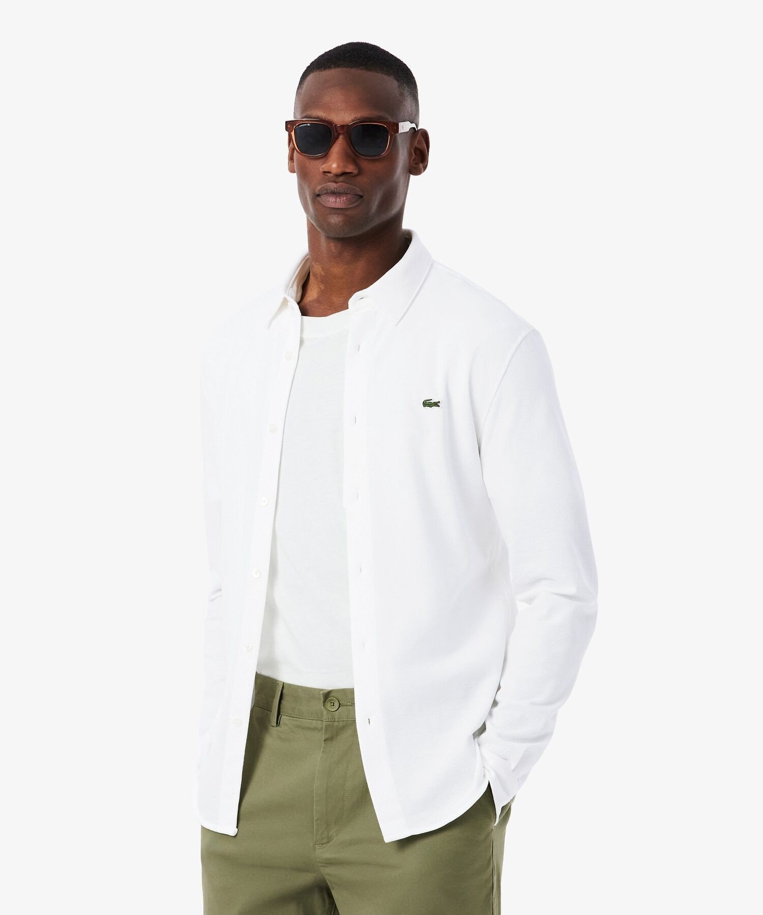 LACOSTE｜スリムフィット オーガニックコットン鹿の子地長袖シャツ