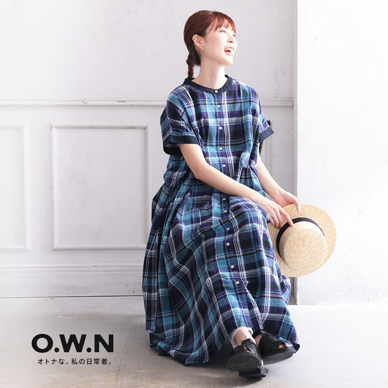 楽天市場】O.W.N 袖あり！なノースリの青いチェックワンピース M/L/LL