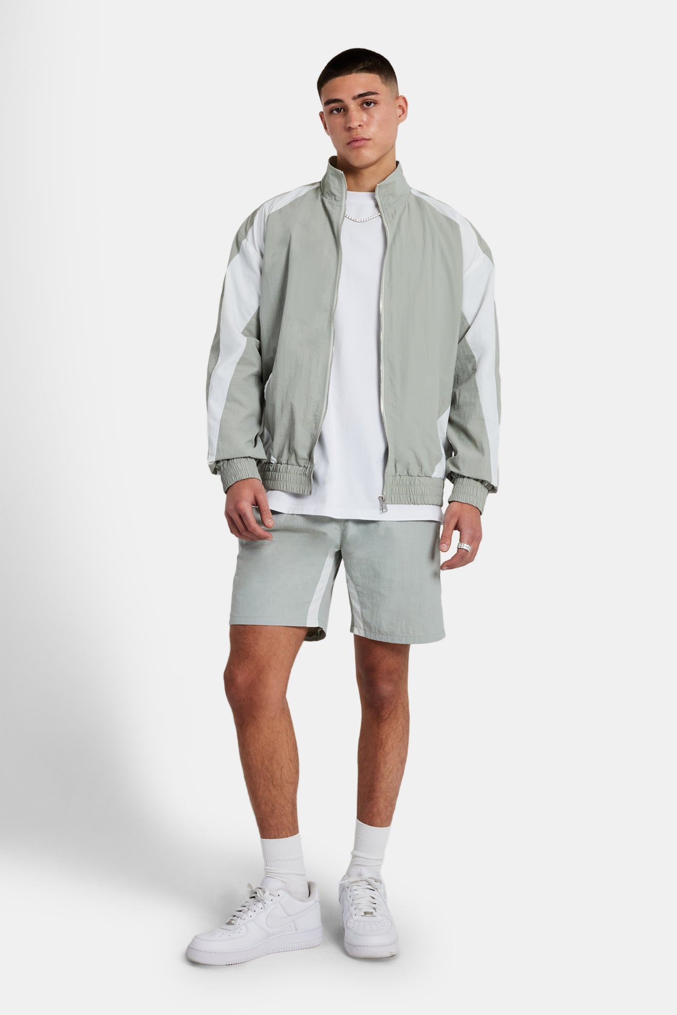 Nylon Panelled Track Jacket & Short Set - Light Grey | Mens Sets