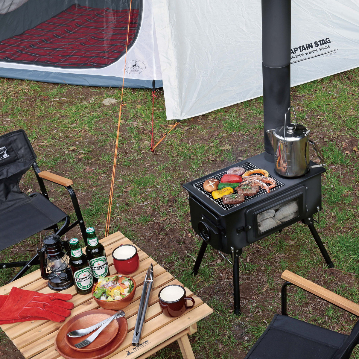 KAMADO（かまど）煙突ガラス窓付角型ストーブ - アウトドア・キャンプ