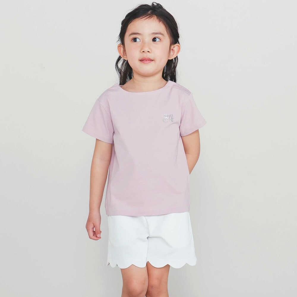 日本製】【お揃い】リボンラインストーンの半袖Tシャツ(90~140cm)(90cm
