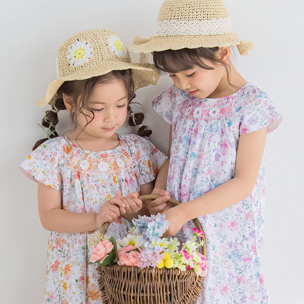 BABY JSK 薔薇花柄サーモン・コーラルピンク ノースリーブワンピースに