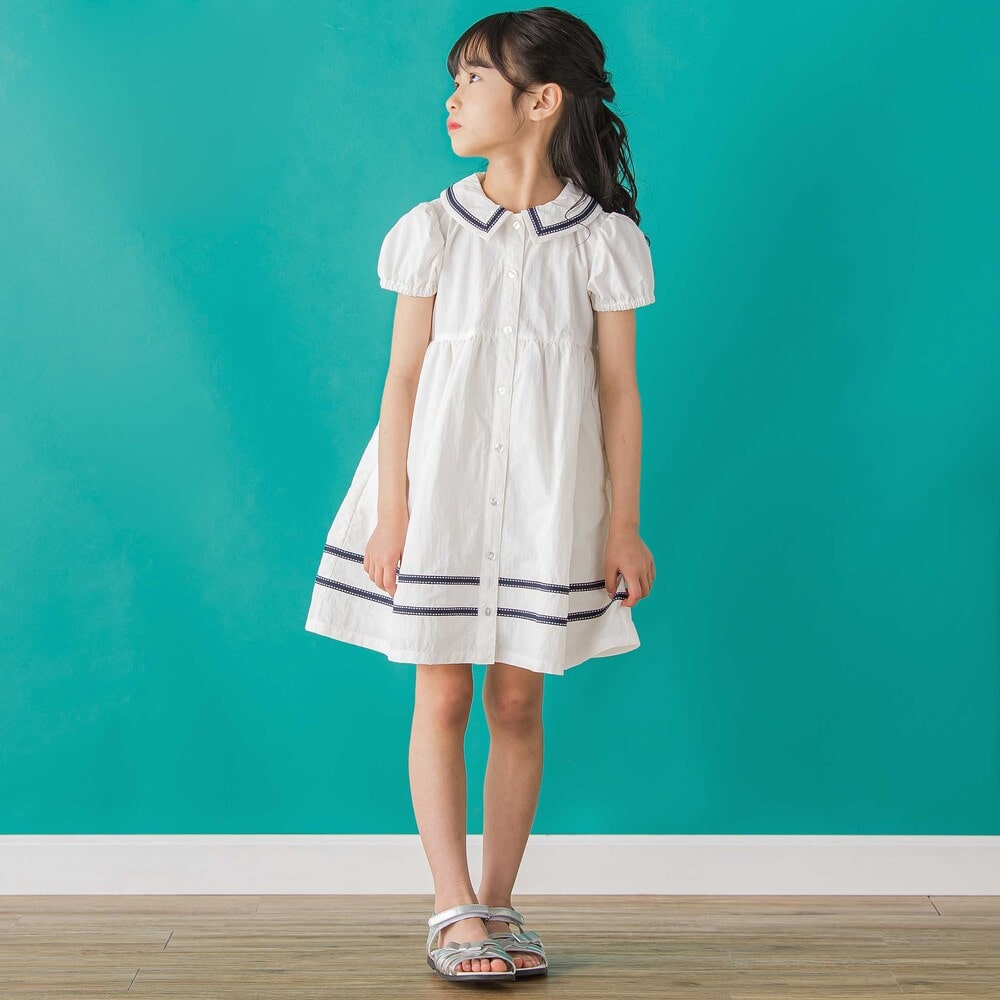 限定商品】ライン襟付き前開きパフスリーブワンピース(95~150cm