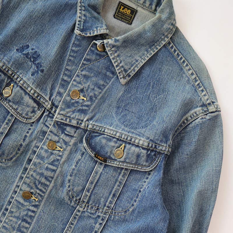 80's Lee 220J DENIM TRUCKER JACKET with BACK PRINT,USED/VINTAGE