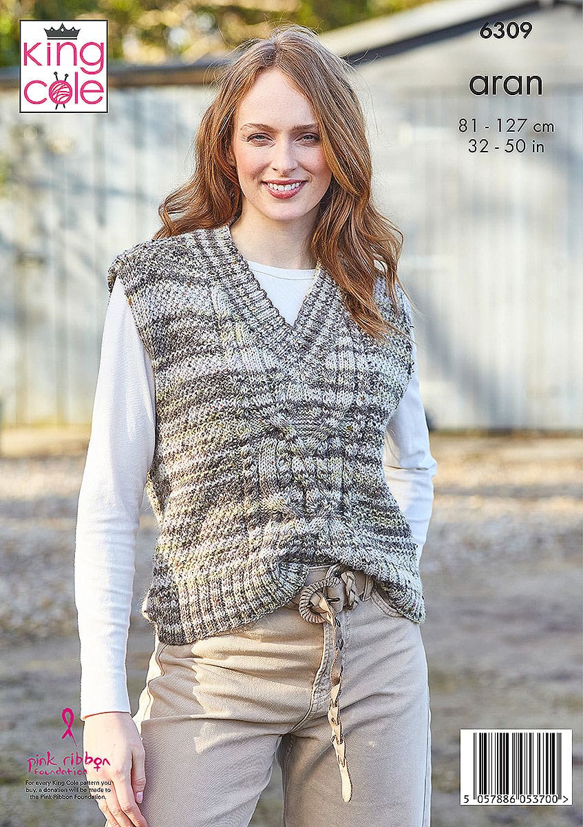 Ladies Round and V Neck Tanks knitted in Homespun Prism Aran