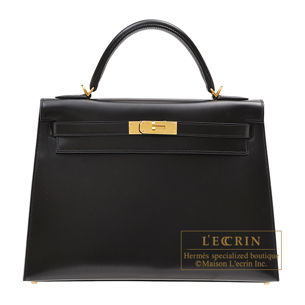 エルメス ケリー32/外縫い ブラック ボックスカーフ ゴールド金具