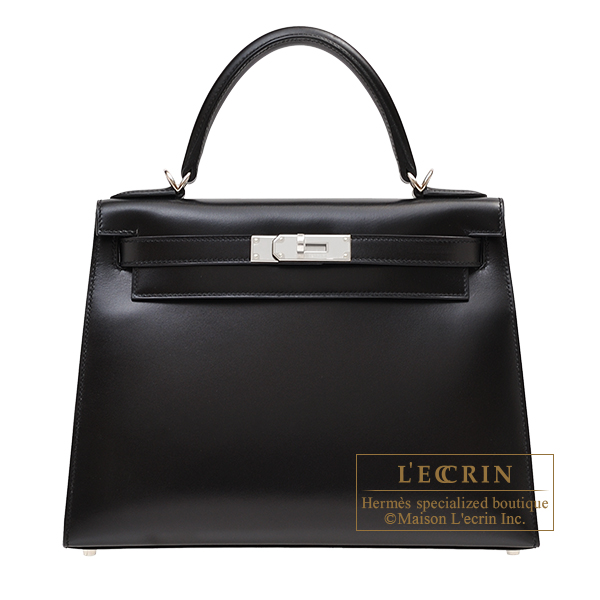 エルメス ケリー28/外縫い ブラック ボックスカーフ シルバー金具