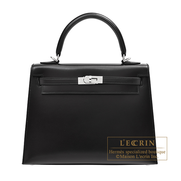エルメス ケリー25/外縫い ブラック ボックスカーフ シルバー金具