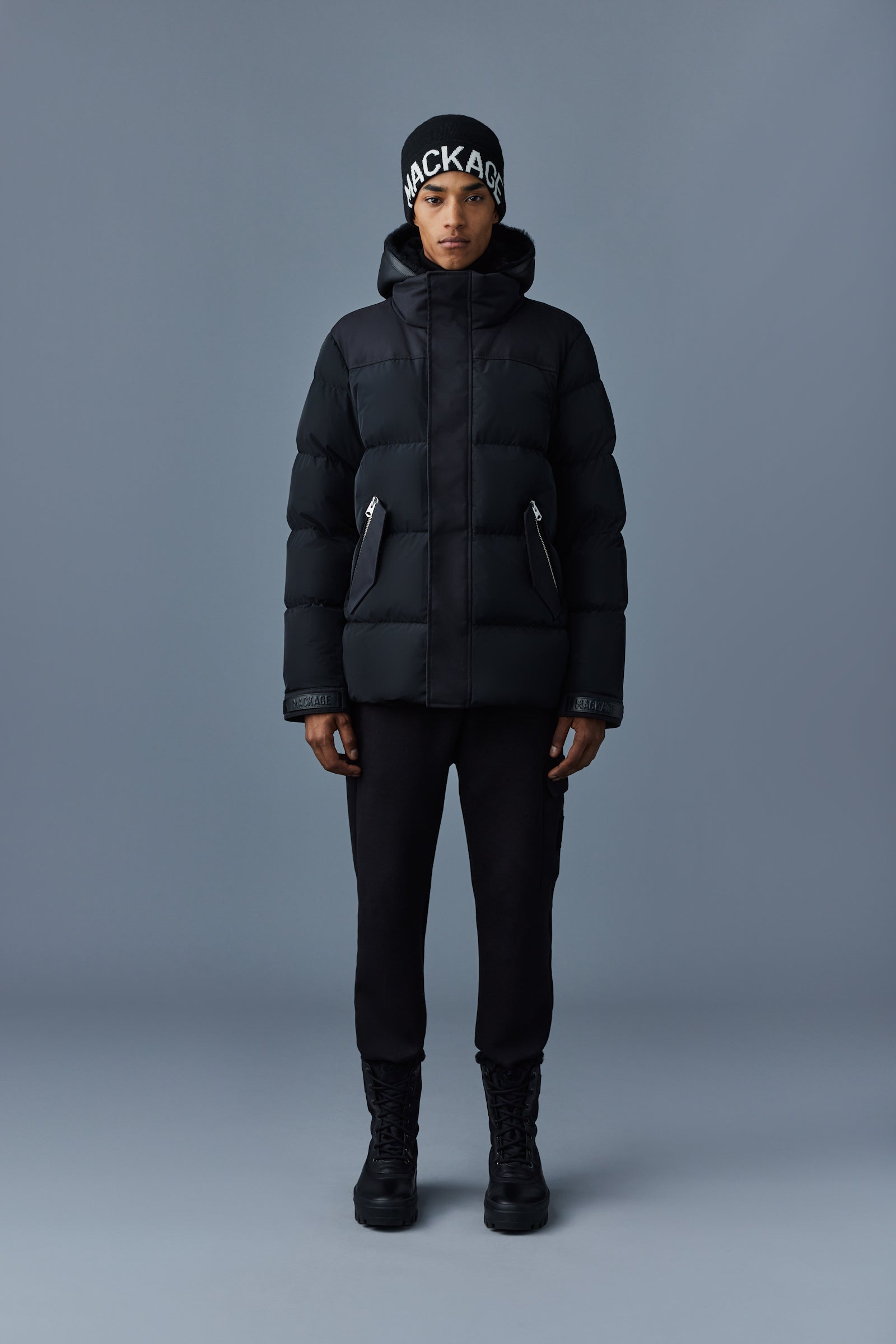 Riley, Classic down jacket with removable shearling bib for men