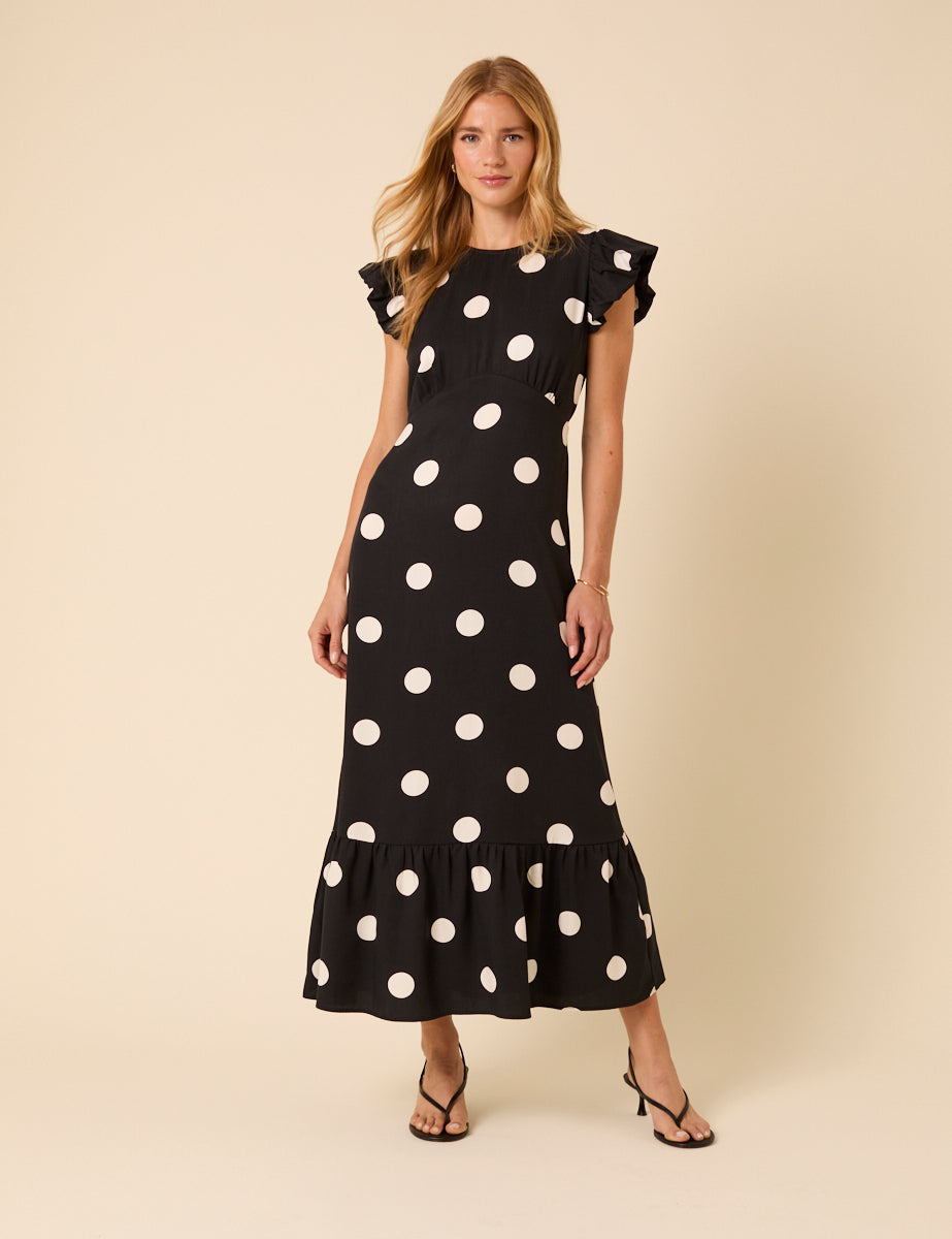 Black Polka Dot Frill Sleeve Clara Midi Dress