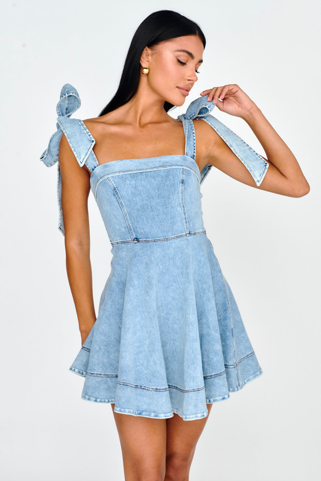 Shop the Jeanie Bow Shoulder Mini Dress Denim