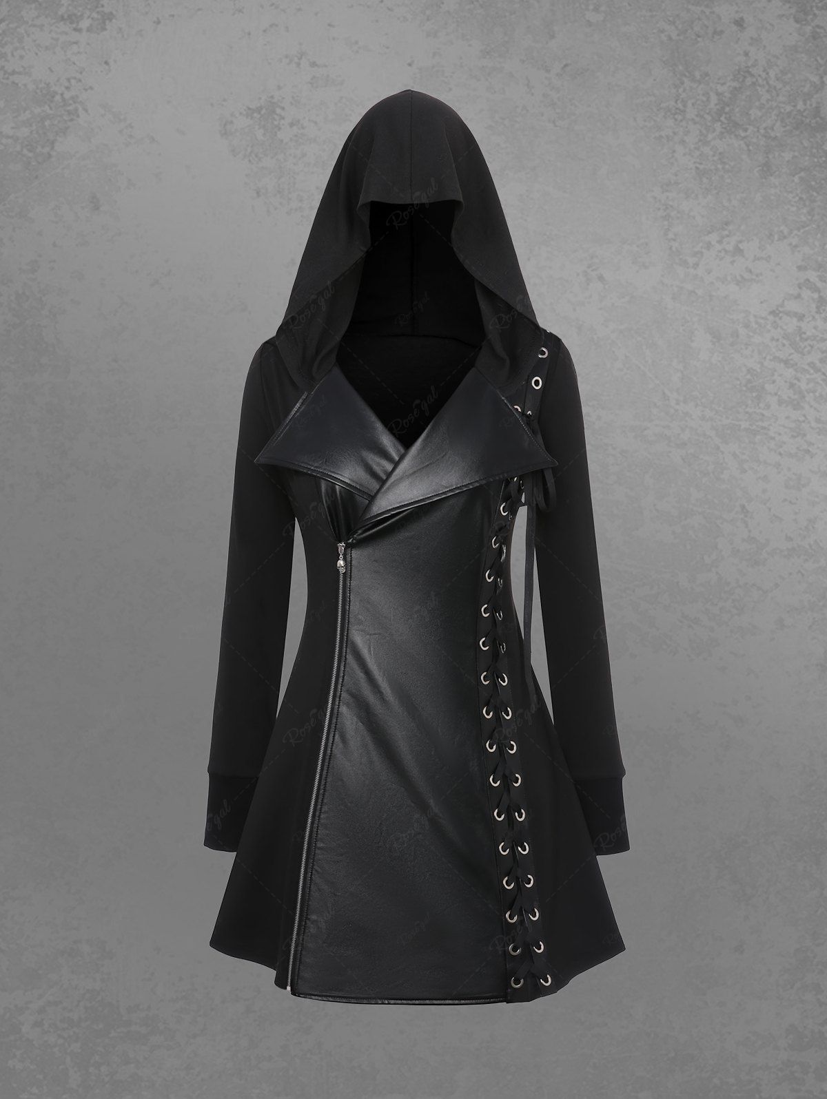 Gothic Plus Size PU Panel Turn-down Collar Grommet Lace Up Braided