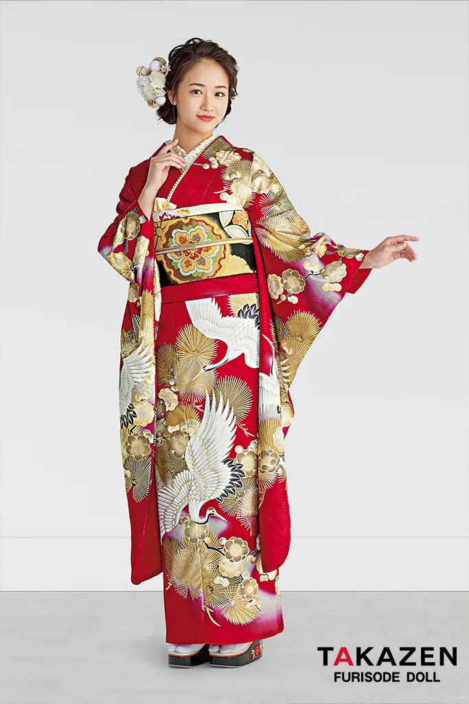 正統派古典 赤/金 鶴柄/針松柄 豪華 華やか 綺麗 クラシカル 金彩京