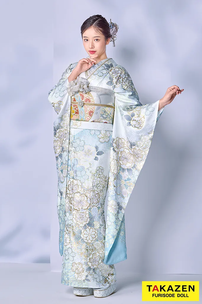 最高級古典柄振袖 関芳/最高級金彩刺繍絞り友禅 水色/白/淡い色 お