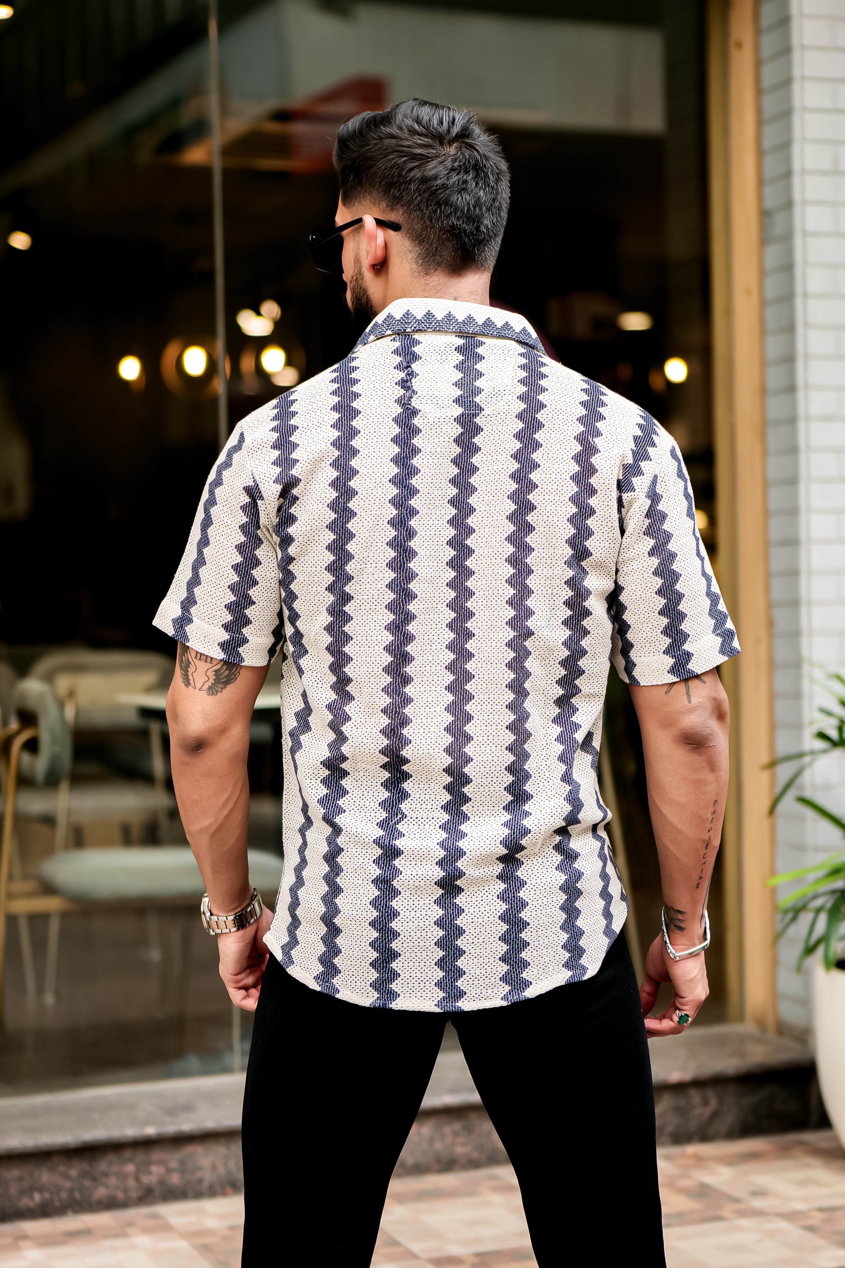 Navy Zig-Zag Stripe Crochet Shirt – Trrendo
