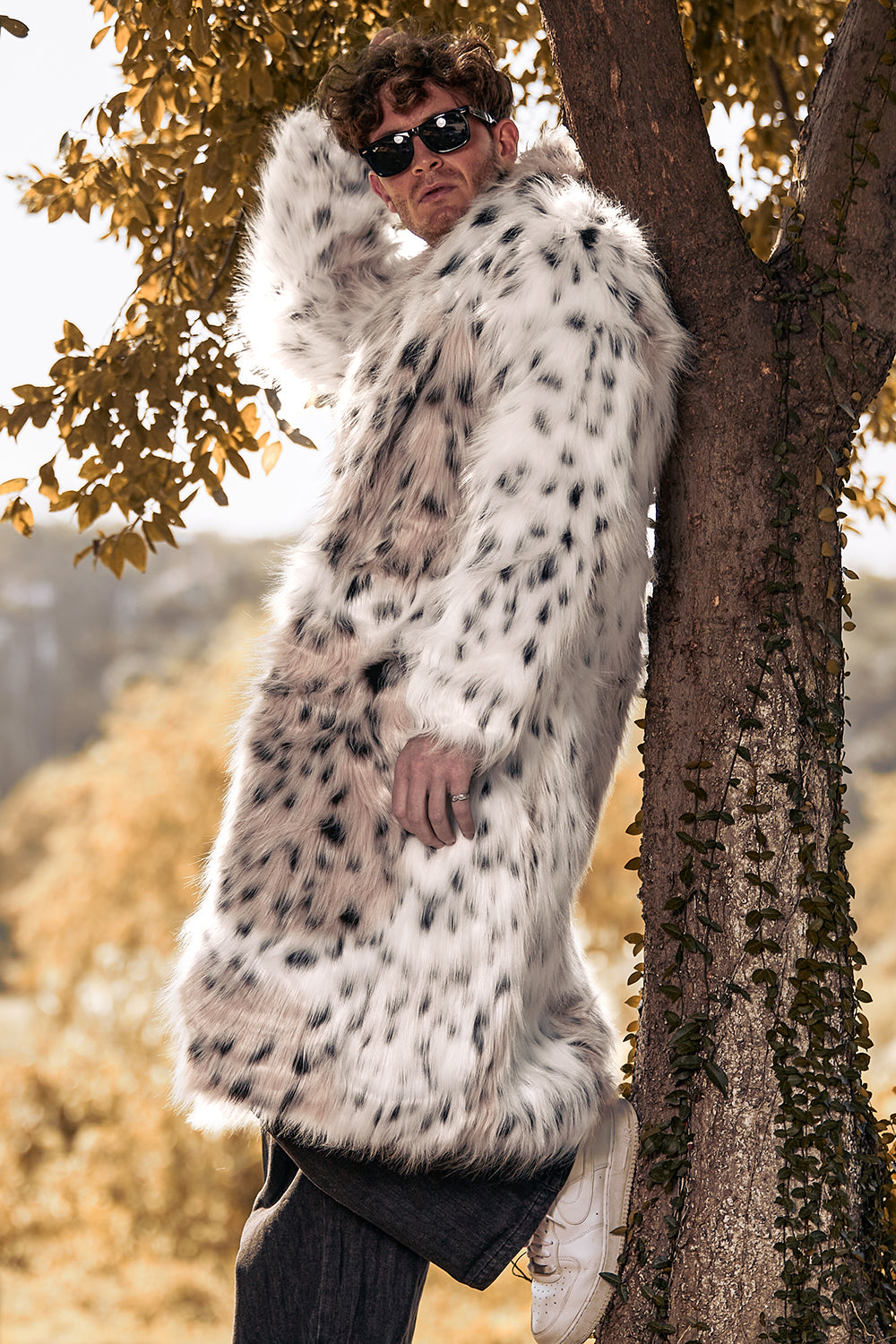 Zapaka Men's Coat Long Sleeve Faux Fur Mid-length Printed Leopard