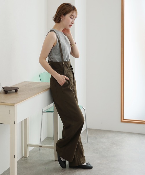 ElegChic チノパン サスペンダー付きハイウエストツイルパンツ