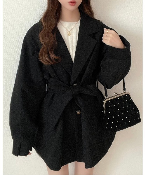 Ada. コート アウター リボンベルト 付き ボリュームスリーブ ショート
