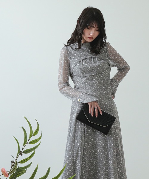 Kana ドレス 幾何学柄 レース バックオープン ワンピース パーティー