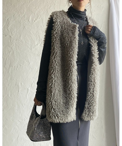 She's Closet ベスト ジレ ノーカラーボリュームプードルファーベスト