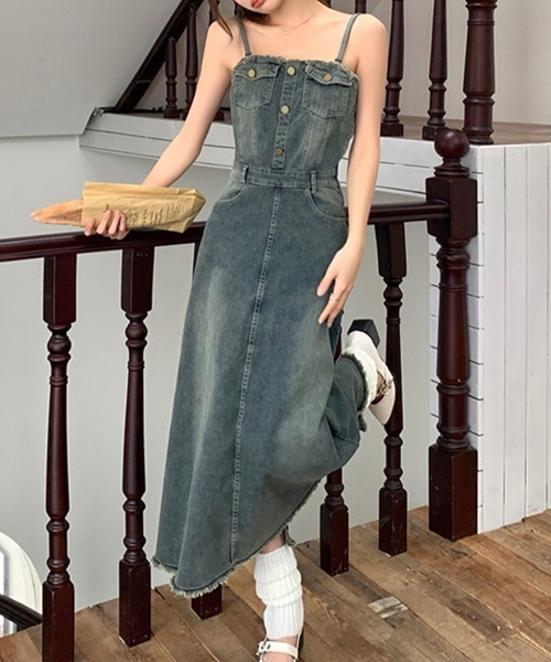 ワンピース バックレースアップデニムロングワンピース : ZOZOTOWN