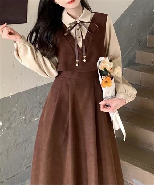 FREE STYLISTS ワンピース バイカラー 襟リボン セットアップ風フレア
