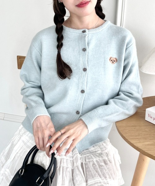 Loueme カーディガン ワンポイントくま刺繍カーディガン レディース